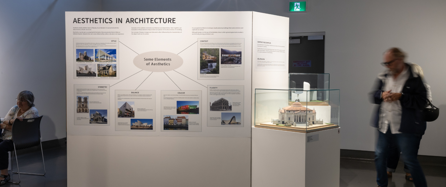 20250820-151928-THM-TodmordenMills-CanadianMuseumOfArchitecture-AndrewWilliamson-6961 The Aesthetics in Architecture display on the exhibition floor.